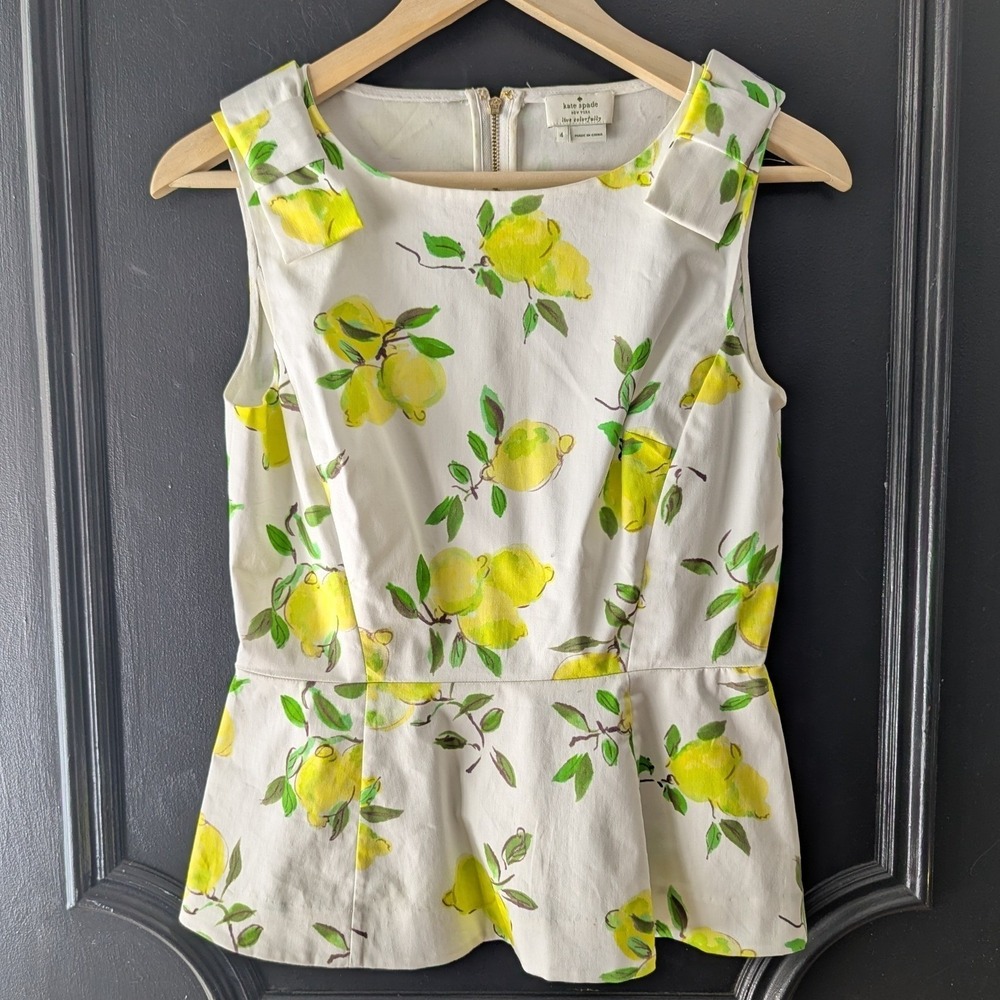 Kate Spade NY Lemon Print Peplum Top White Yellow Bows Structured Preppy Sz 2